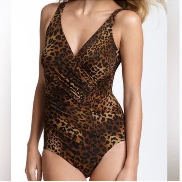 Miraclesuit Oceanus One Piece Swimsuit Faux Wrap Ruched Animal Print Bro… - Picture 1 of 11